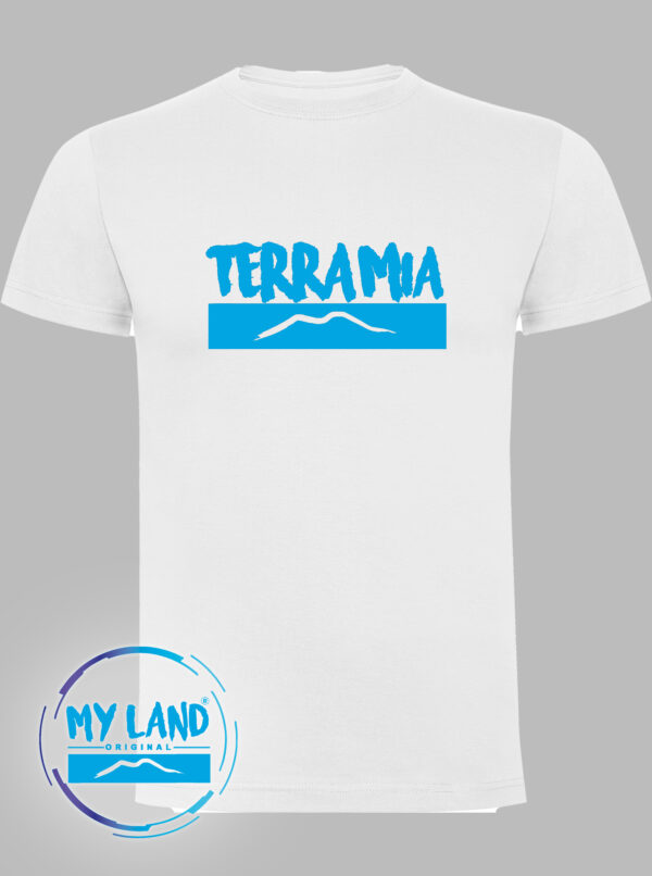 t-shirt bianca con scritta azzurra - terra mia - mylandoriginal